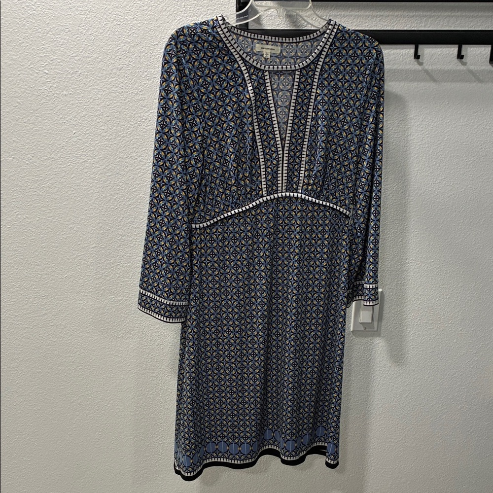 Max Studio Navy, White & Light Blue Long Sleeve Printed Dress